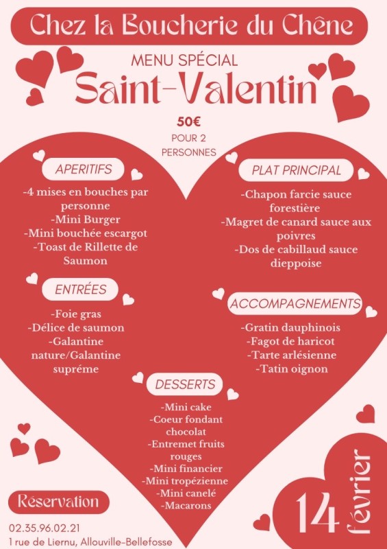 Commander votre repas de Saint-Valentin 2025 pour 2 – Boucherie/Traiteur à Allouville-Bellefosse (Yvetot 76)