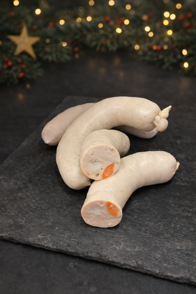 Boudin blanc aux Saint-Jacques primé et mini boudins noir et blanc pour Noël près d’Yvetot-La Boucherie du Chêne