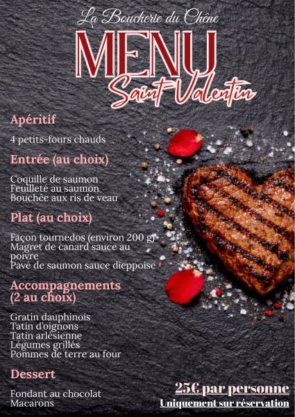 Menu de Saint Valentin 2026 à commander chez un traiteur local de Yvetot- La Boucherie Du Chêne