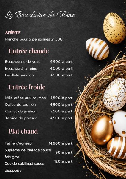 Menu complet de Pâques en boucherie charcuterie à Yvetot- La Boucherie du Chêne